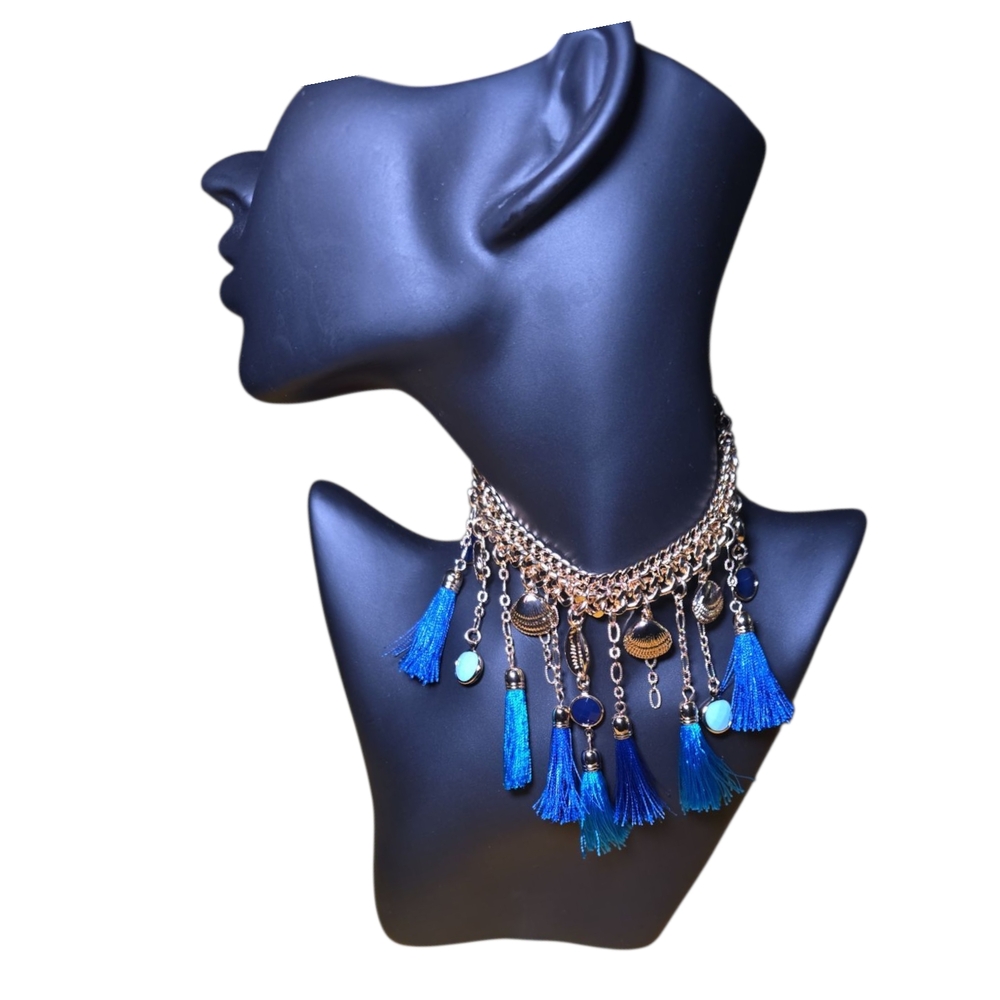 Lilly Pulitzer Blue and Gold Seaside Tassel Statement Necklace